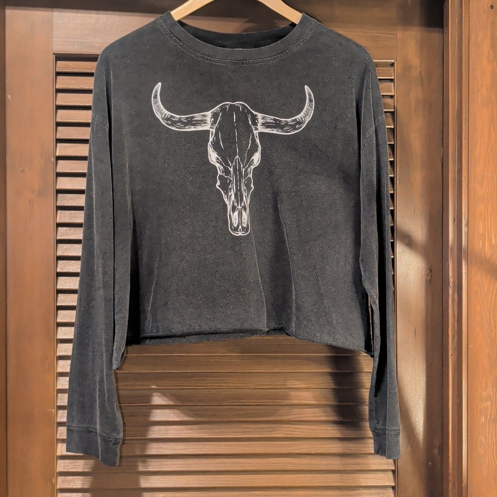 Cropped Bullhead Long Sleeve Top - Charcoal